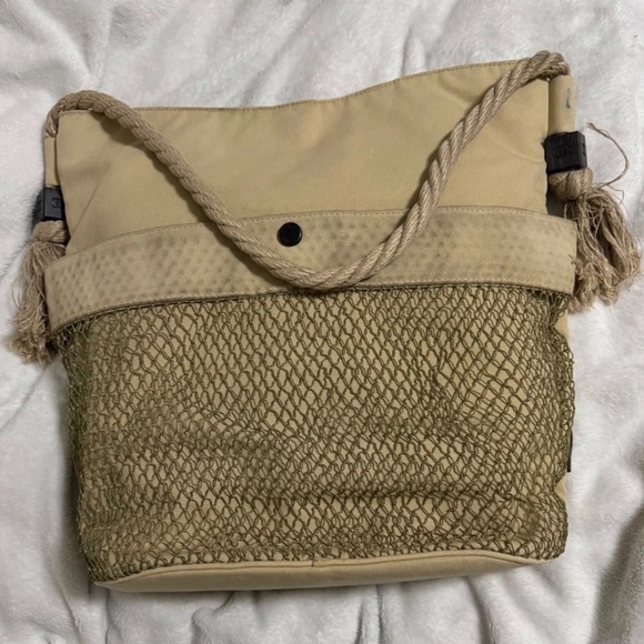 Chanel Fishnet Rope Coco Mark Camellia Tote Handbag Canvas Leather Beige - Picture 4 of 11